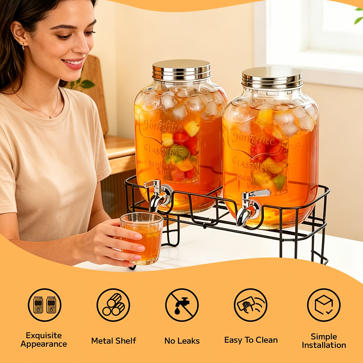 Glass Fruit Infuser & Ice Cylinder Beverage Dispenser (Set of 2, 1 Gallon)