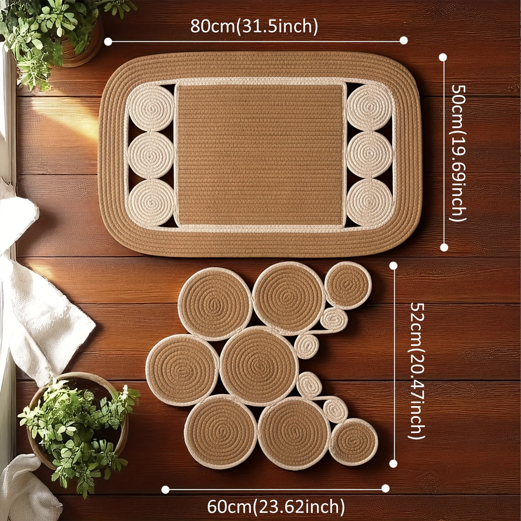 Handwoven Linen Non-Slip Toilet Rug & Bath Mat Set (Set of 2)