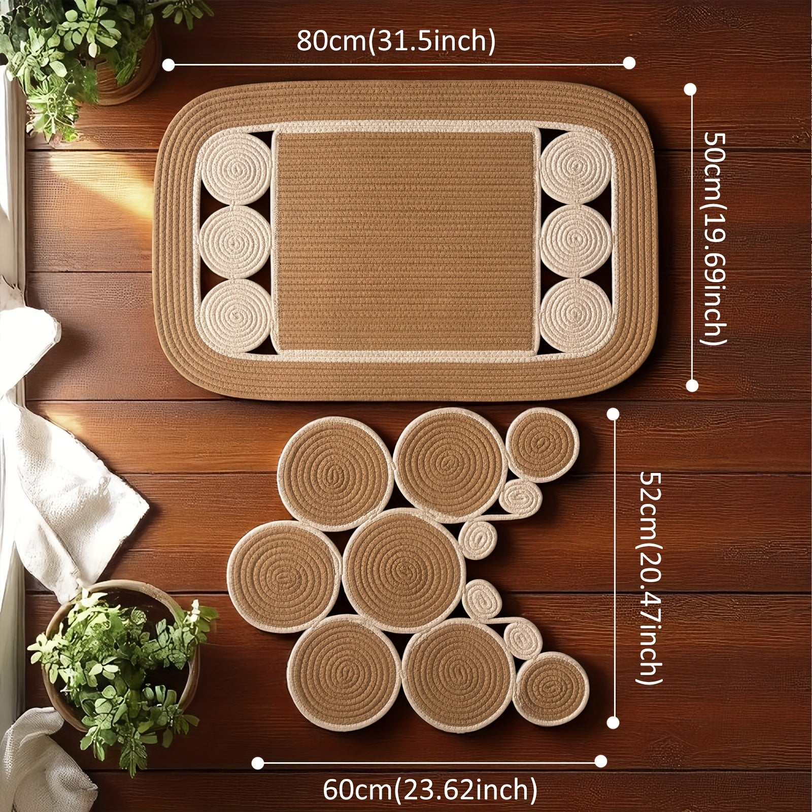 Handwoven Linen Non-Slip Toilet Rug & Bath Mat Set (Set of 2)