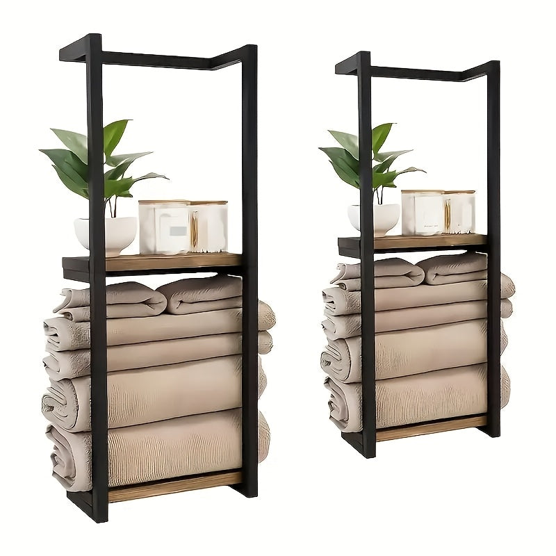 Space-Saving Two-Tier Wrought Iron & Wood Towel Rack