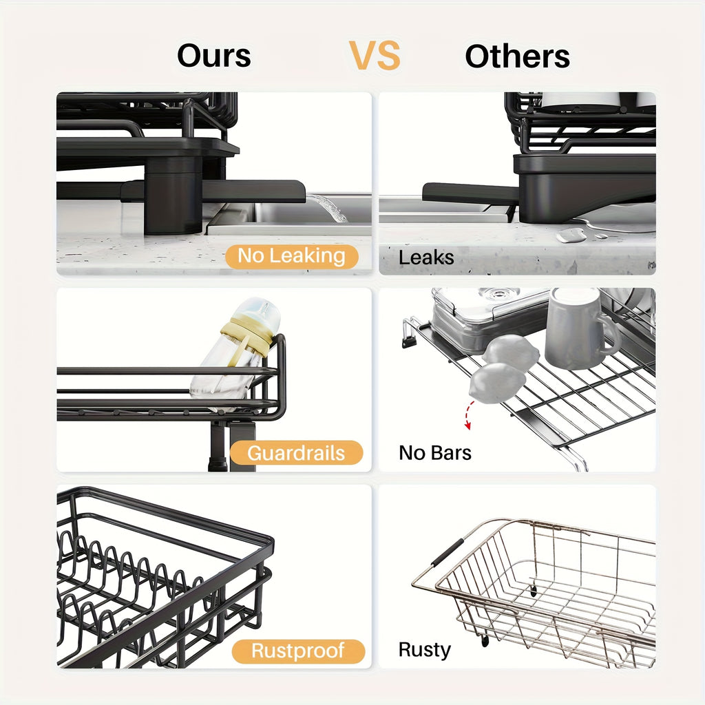Extendable & Foldable Stainless Steel Dish Drying Rack (With Utensil Holder)