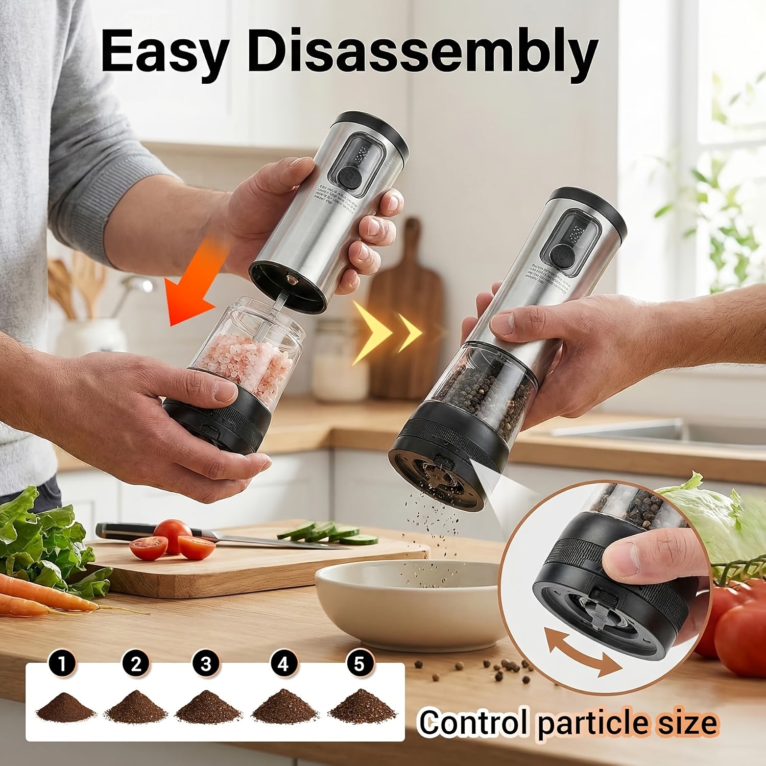 USB-Rechargeable Adjustable Grind Salt & Pepper Grinder Set (Set of 2)