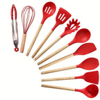 Heat-Resistant Silicone Utensil Set With Wooden Handles (10-Piece)