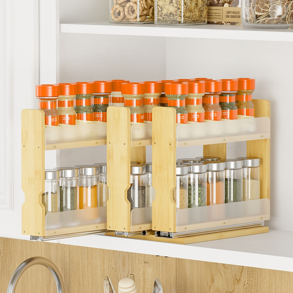 Vertical Space-Saving Bamboo Spice Rack Organizer (3 Sliding Shelves)