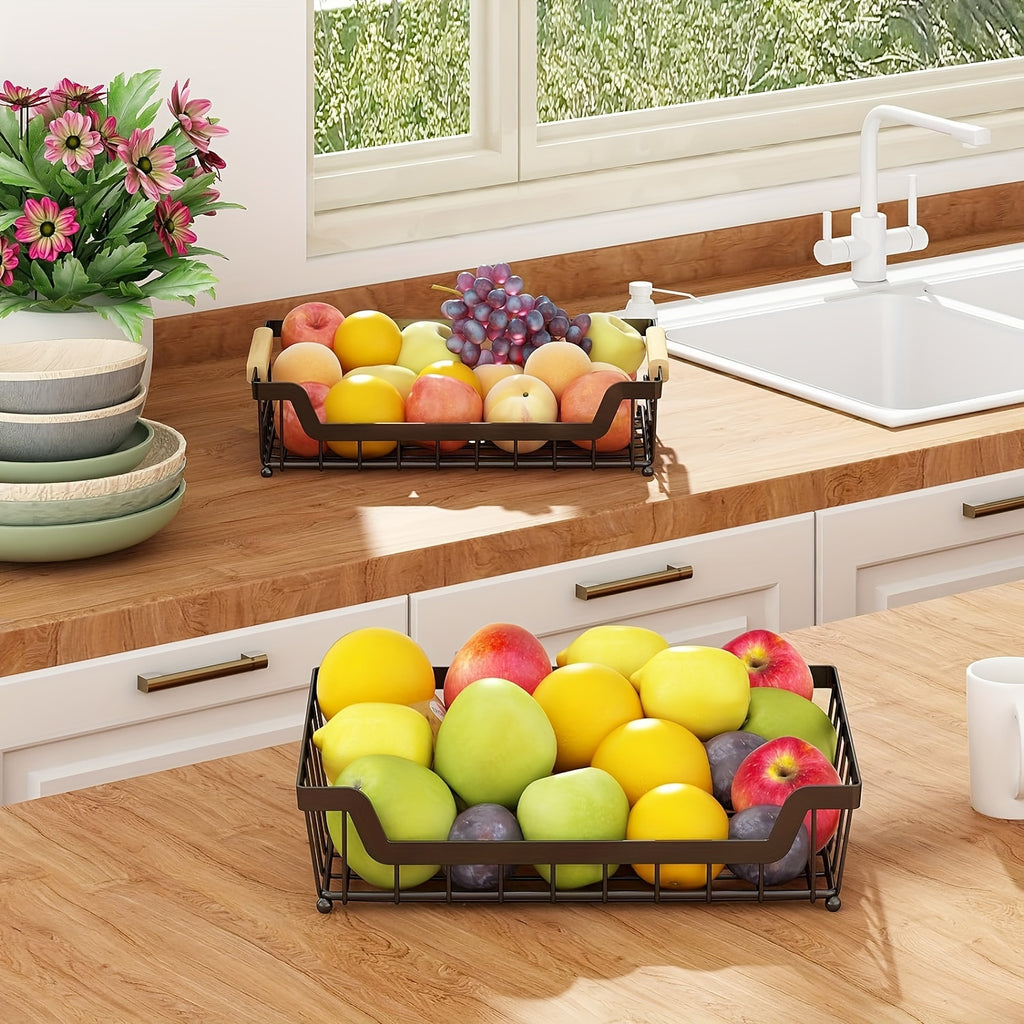Dual-Tier Metal Countertop Fruit Basket (With Banana Hangers)