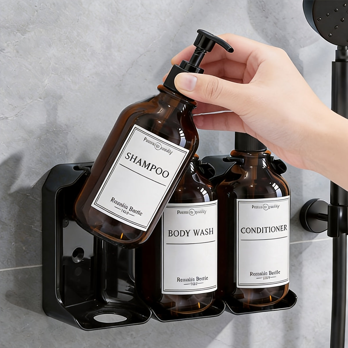 No-Drill & Easy-Refill 3-Chamber Shower Dispenser (16oz Chambers)