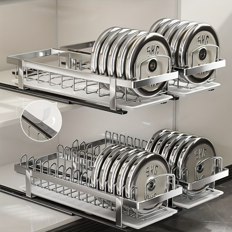 Stainless Steel Pull-Out Dish Rack (Adjustable Dividers & Drain Tray)