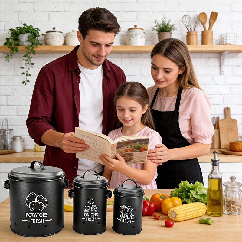 Ventilated Flip-Top Iron Vegetable Storage Jars (Set of 3)