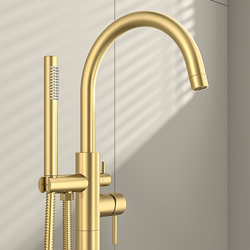 Brushed Brass Ceramic Valve Freestanding Tub Faucet