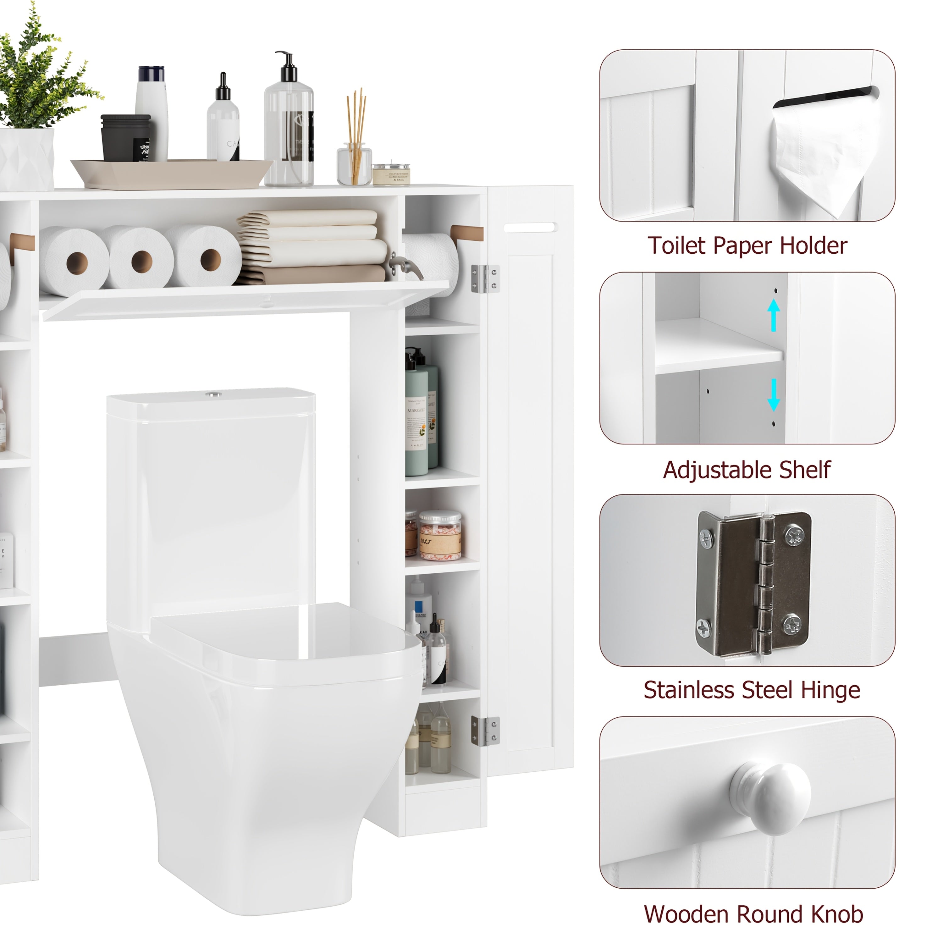 Space-Saving Adjustable Shelves & Toilet Paper Holder Over-Toilet Cabinet