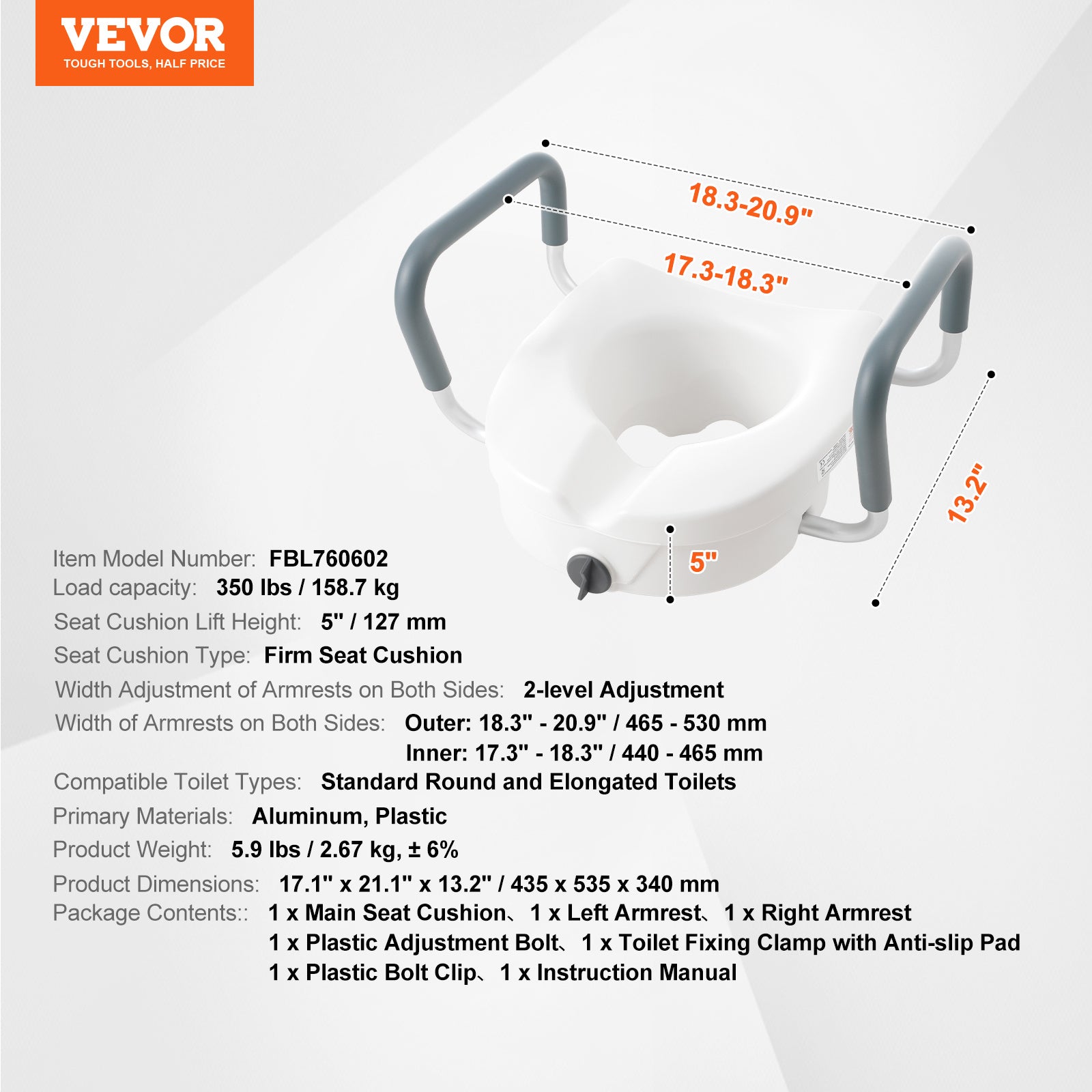 Adjustable Width & Twist-Lock Raised Toilet Seat (350 lb Capacity)