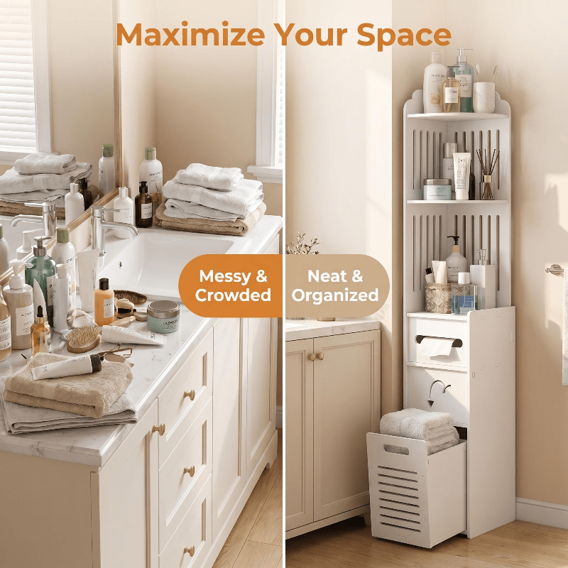 Space-Saving Multi-Tier Floor-Mounted Corner Bathroom Shelf (With Pull-Out Laundry Basket)