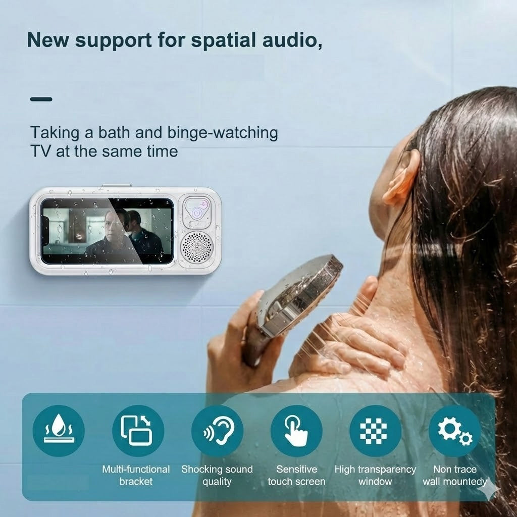Water-Resistant 360° Rotating Shower Speaker & Phone Holder (Fits 4–6.8" Phones)