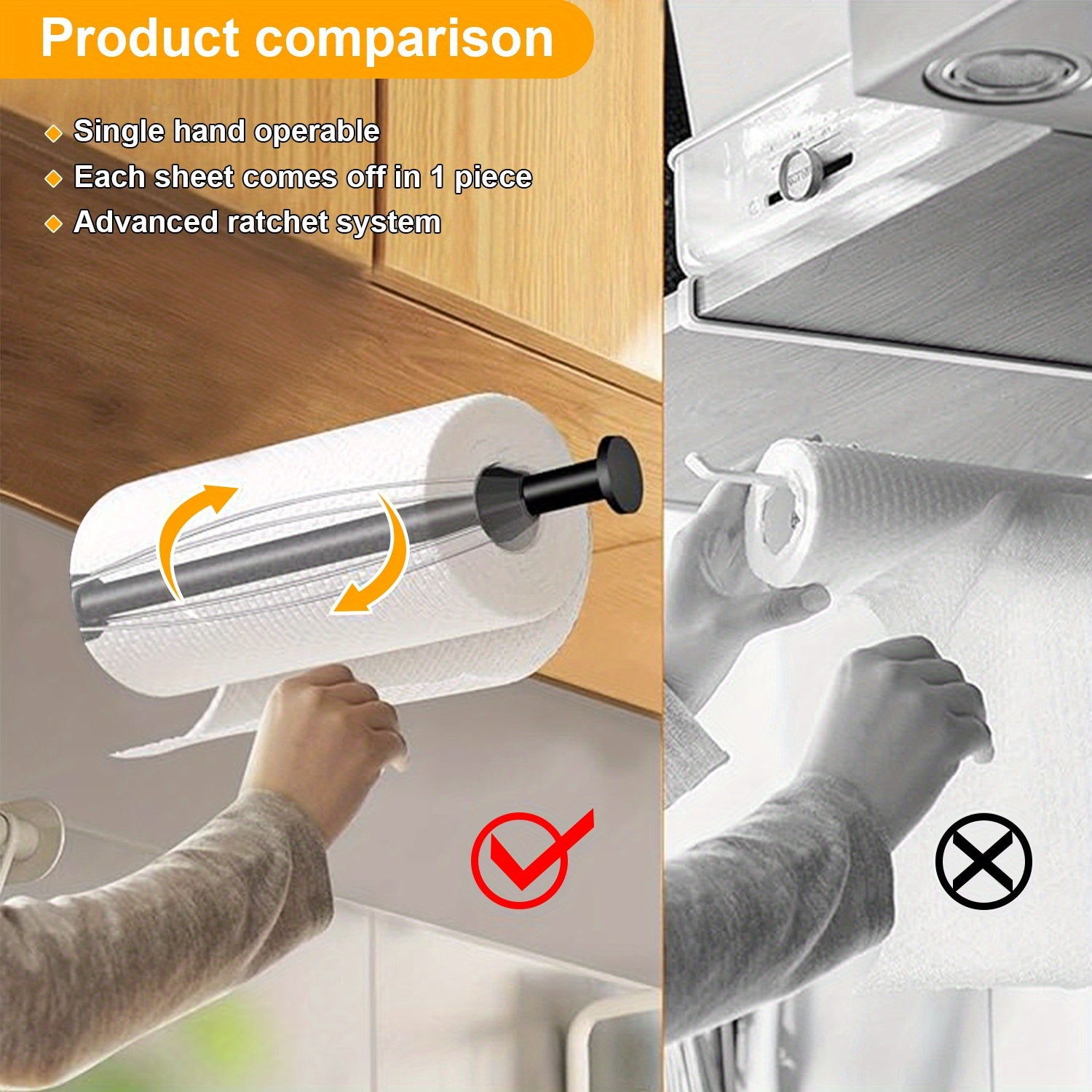 Single-Hand Soft-Damping Paper Towel Holder (Wall/Under-Cabinet Mount)