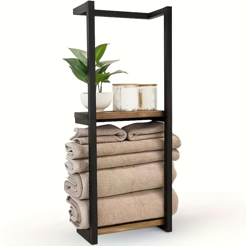 Space-Saving Two-Tier Wrought Iron & Wood Towel Rack