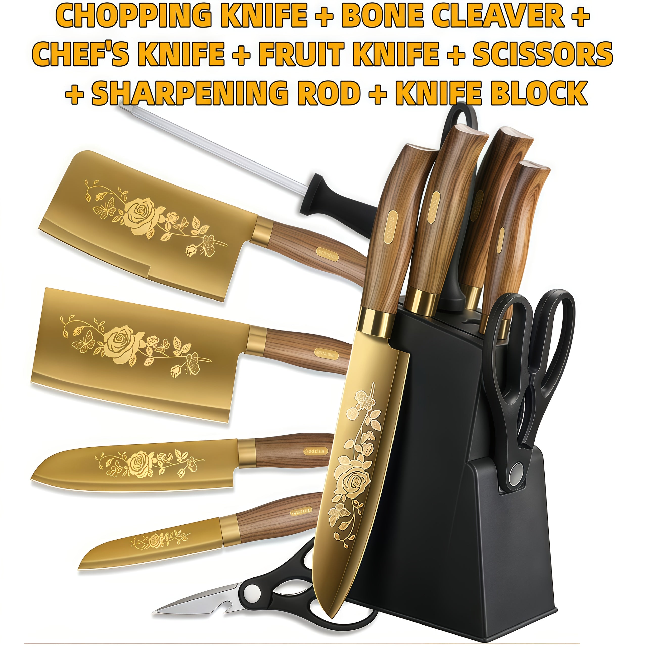 Titanium-Coated Alloy Steel Knife Set (7-Piece, Block & Sharpener)