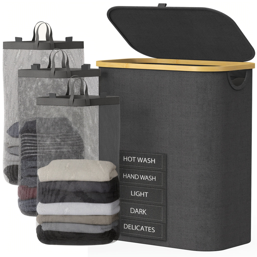 3-Section Bamboo Laundry Hamper (Removable Washable Bags)