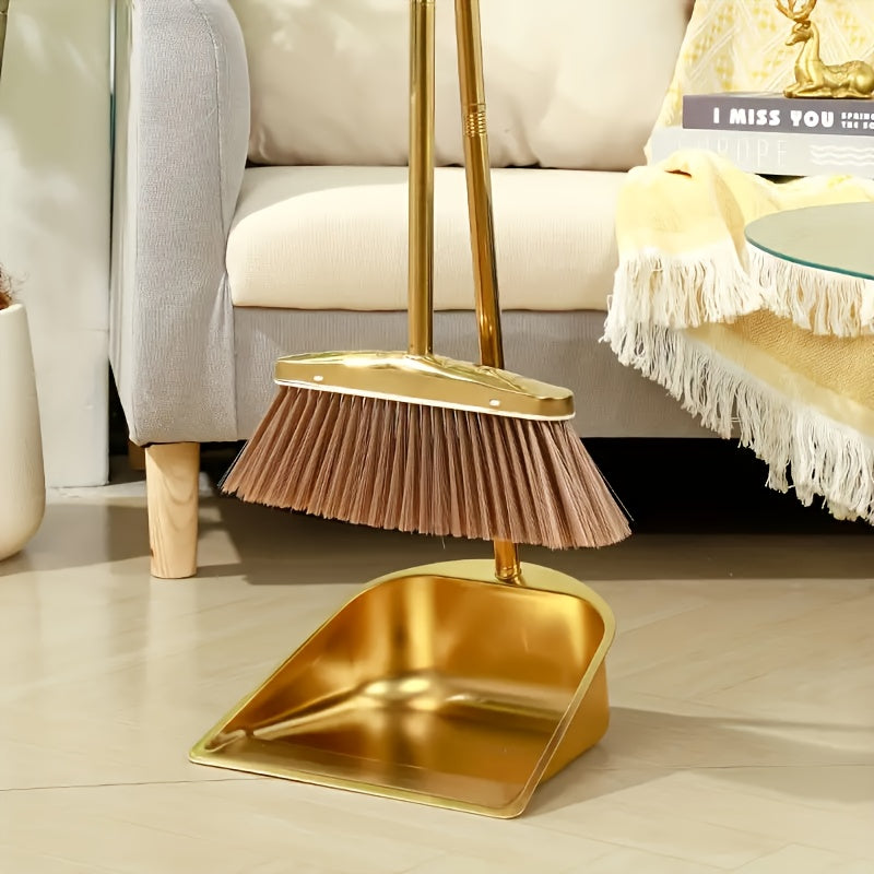 Gold-Finish Stainless Steel Standing Broom & Dustpan Set