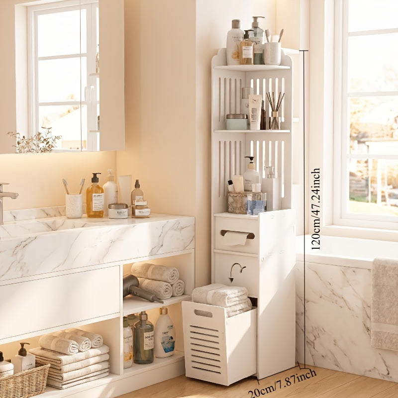 Space-Saving Multi-Tier Floor-Mounted Corner Bathroom Shelf (With Pull-Out Laundry Basket)