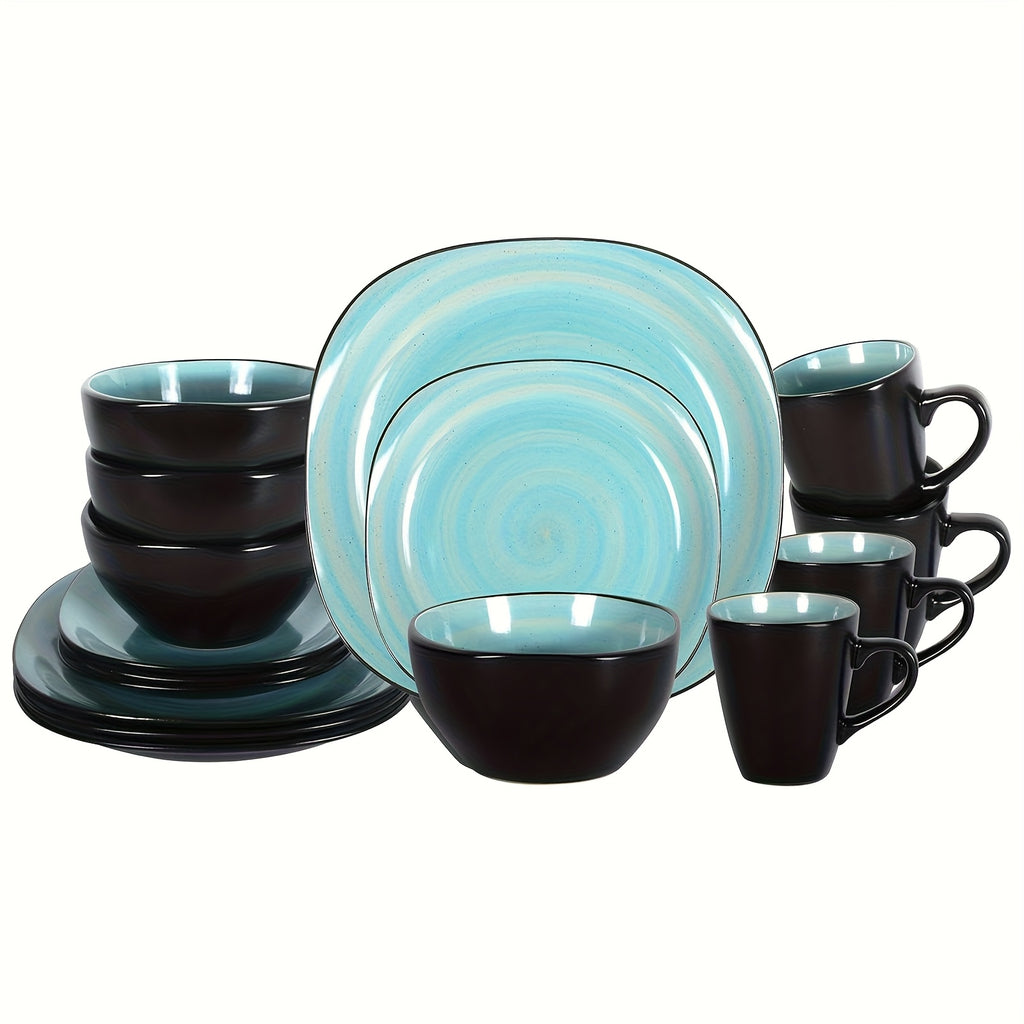 Hand-Brushed Square Stoneware Dinnerware Set (16-Piece)