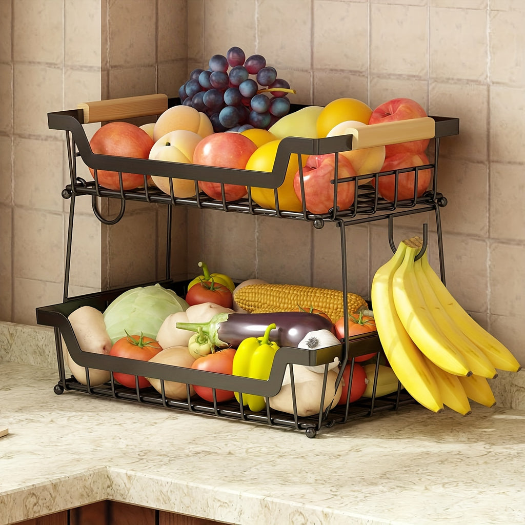Dual-Tier Metal Countertop Fruit Basket (With Banana Hangers)