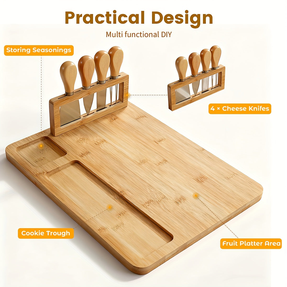 Polished Moisture-Resistant Wood Charcuterie Board (4-Piece Knife Set)