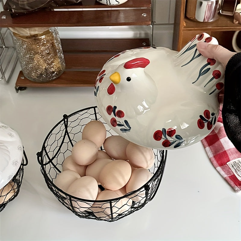 Dustproof Ceramic & Wire Egg Basket (Hen-Shaped)