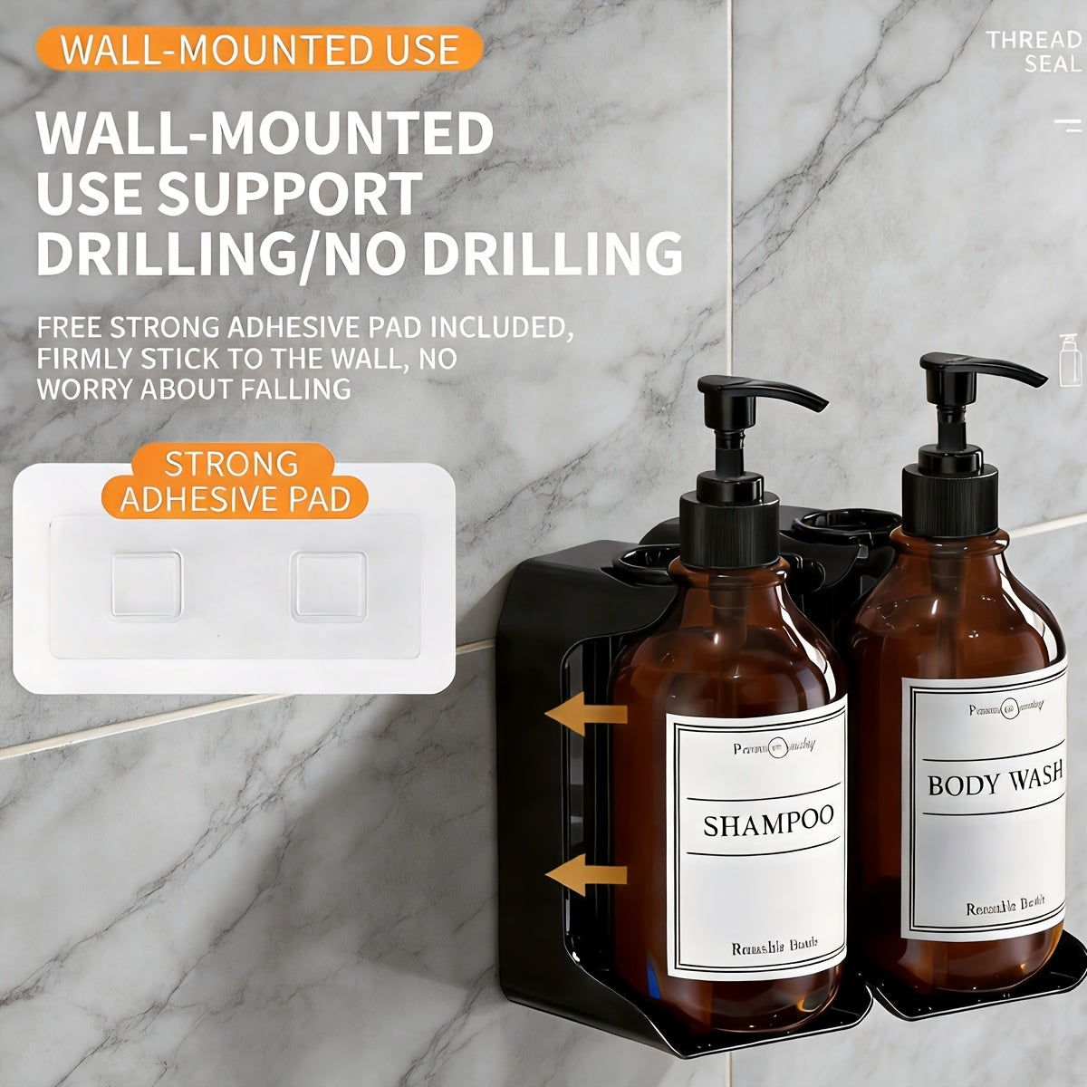 No-Drill & Easy-Refill 3-Chamber Shower Dispenser (16oz Chambers)