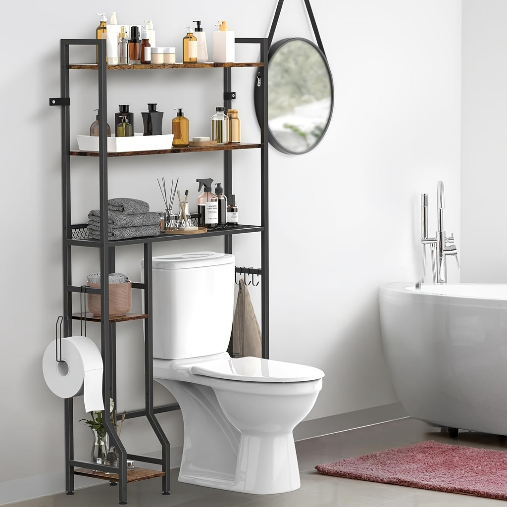 Space-Saving 3-Tier Wood Over-Toilet Shelf (Freestanding, Paper Holder & Hooks)