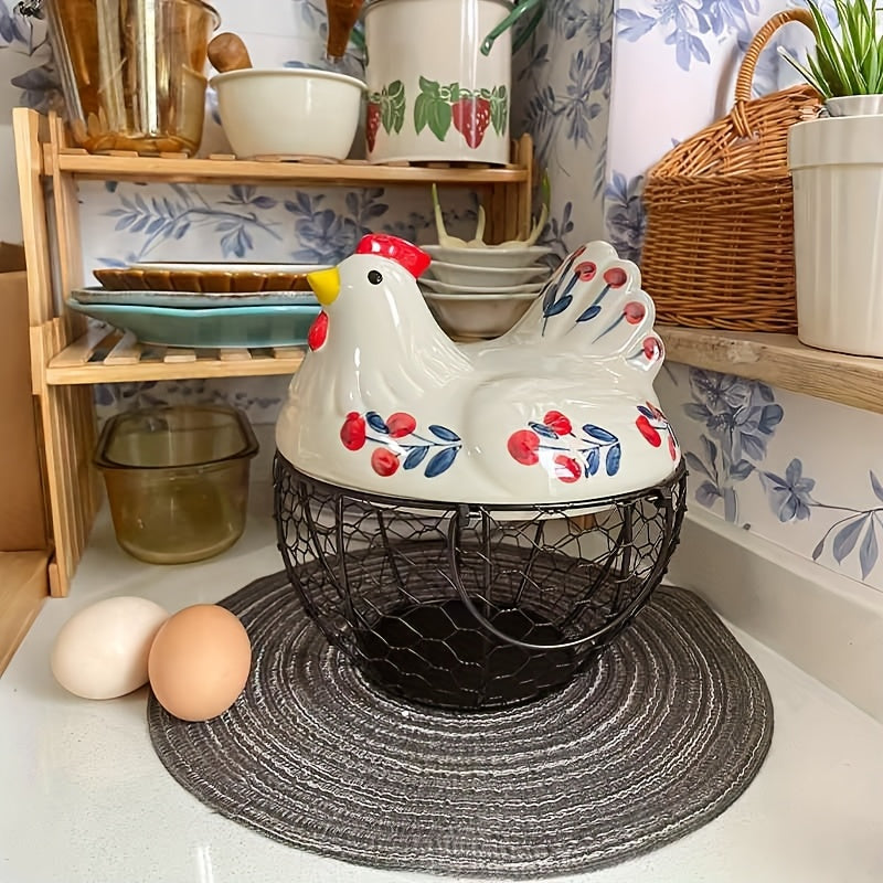 Dustproof Ceramic & Wire Egg Basket (Hen-Shaped)