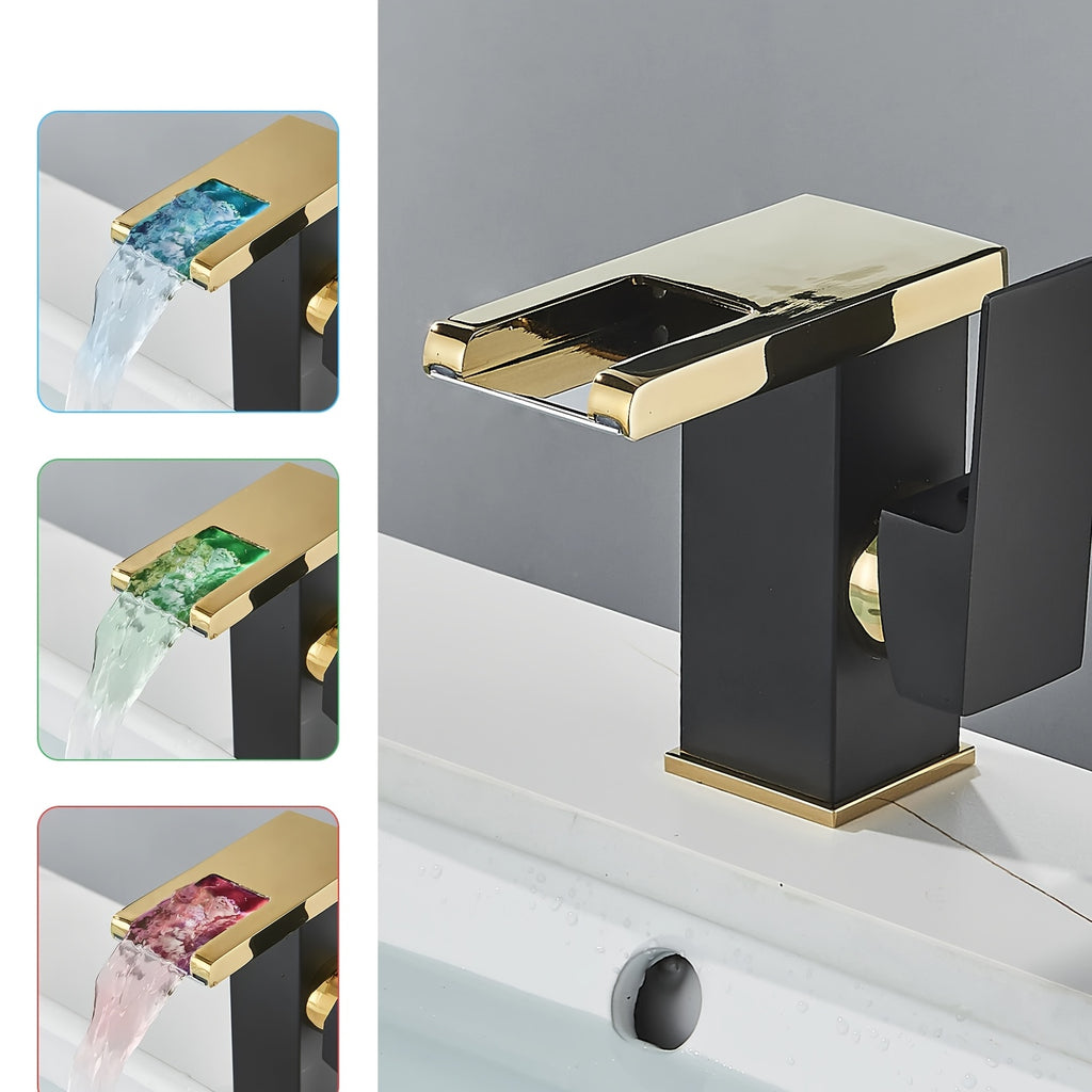 Hydroelectric RGB LED Brass Waterfall Bathroom Faucet (Single-Hole)