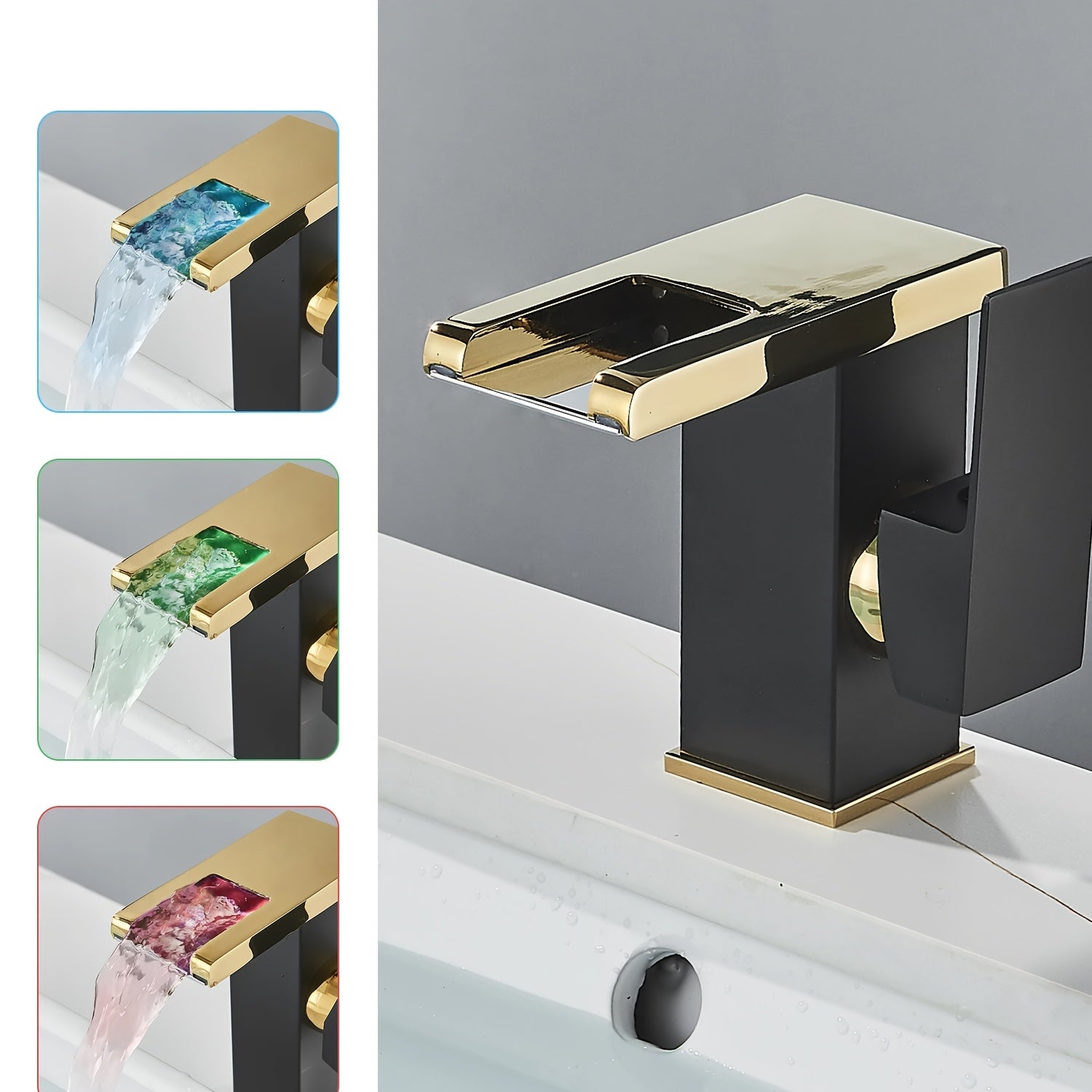 Hydroelectric RGB LED Brass Waterfall Bathroom Faucet (Single-Hole)
