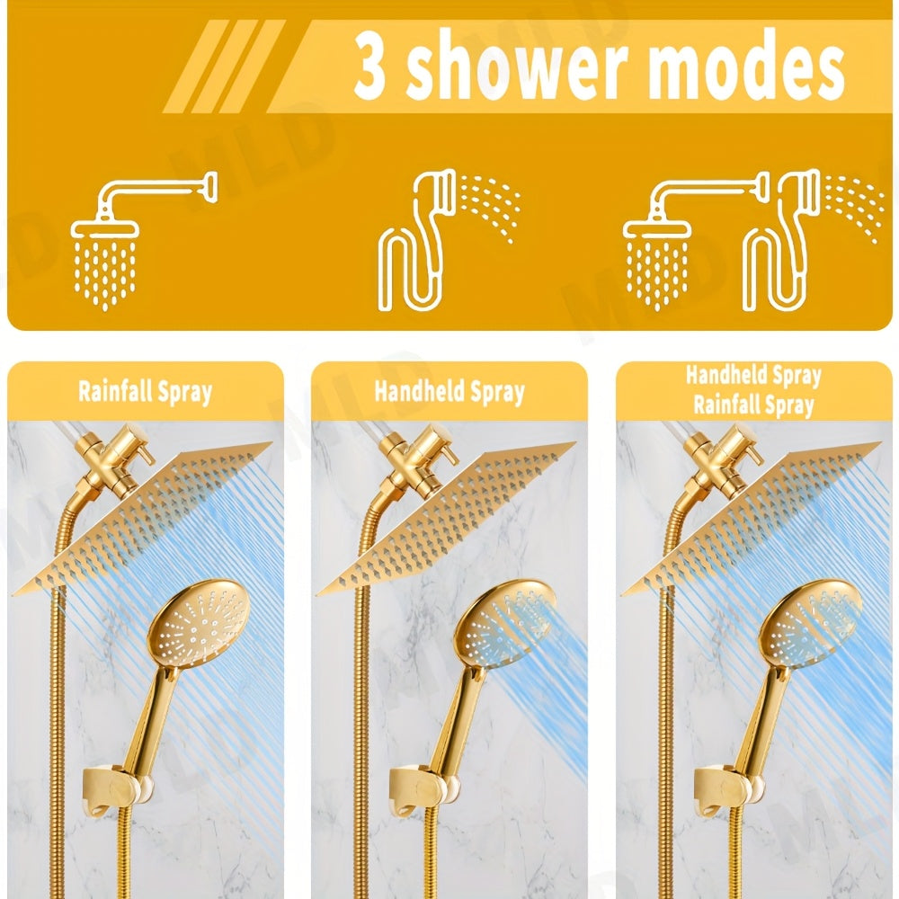 All-Metal Gold Rainfall & Handheld Shower Set (3-Way Diverter)