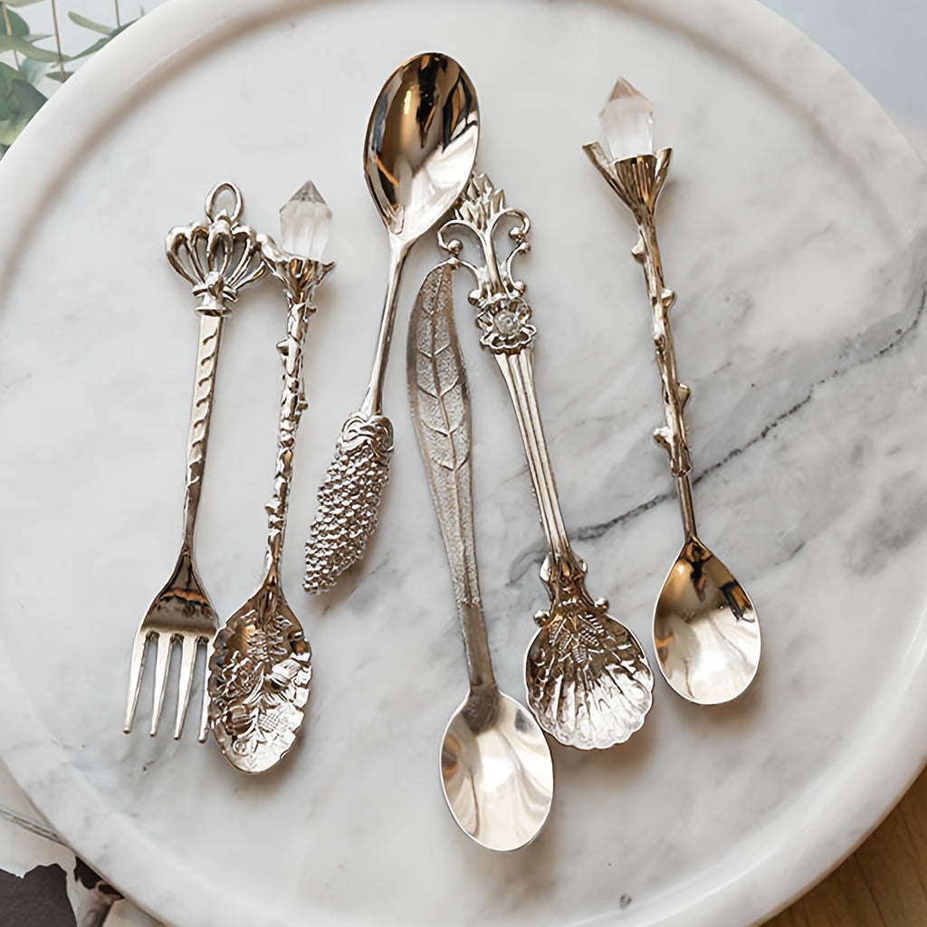 Vintage Carved Metal Dessert Spoon Set (6-Piece)