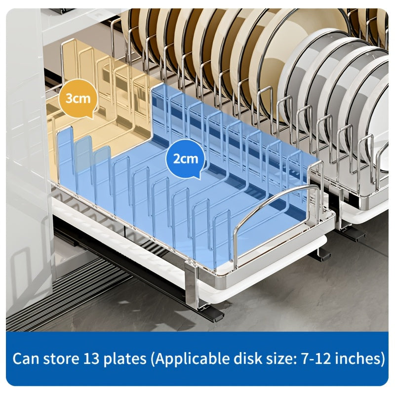 Stainless Steel Pull-Out Dish Rack (Adjustable Dividers & Drain Tray)