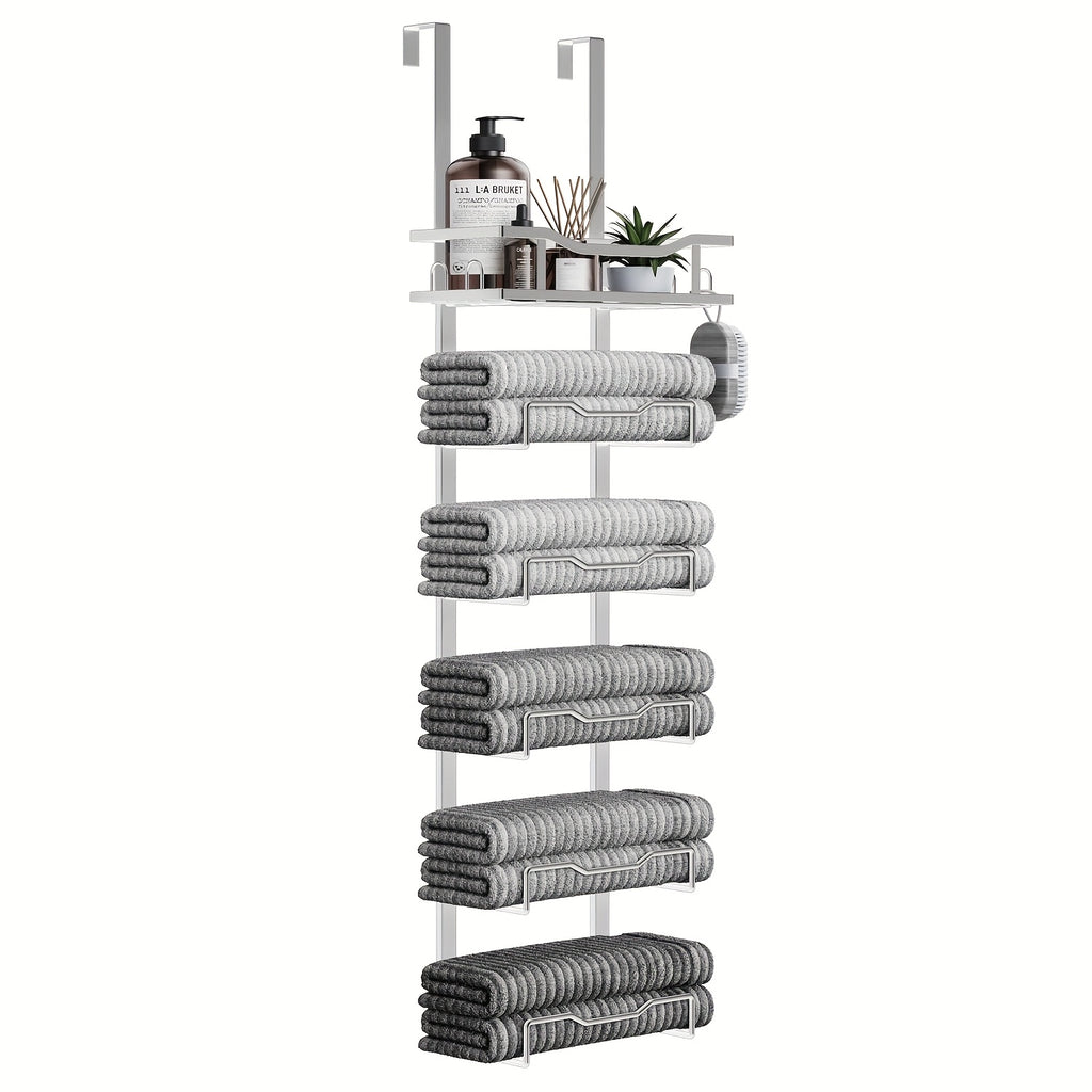 No-Drill 6-Tier Stainless Steel Over-Door Towel Rack (With Storage Basket)