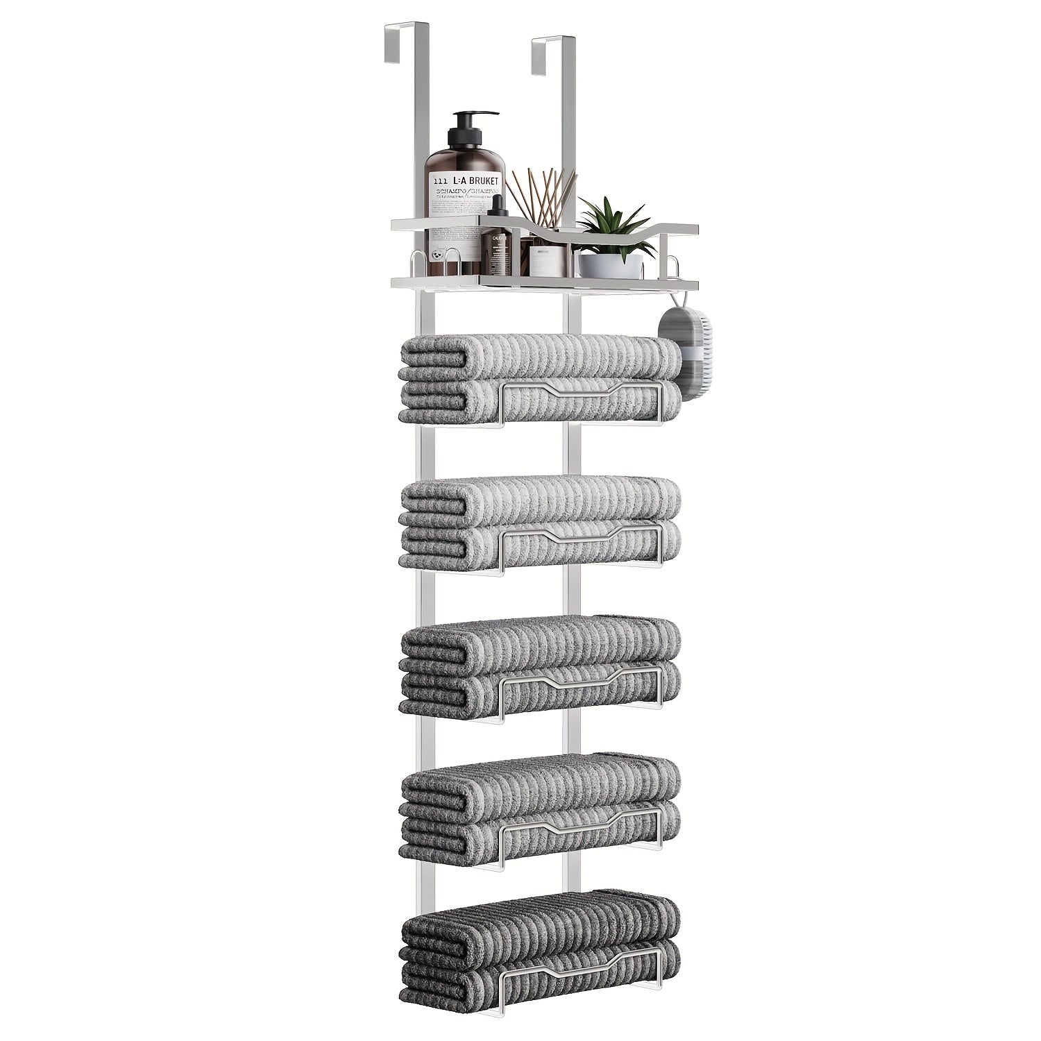 No-Drill 6-Tier Stainless Steel Over-Door Towel Rack (With Storage Basket)