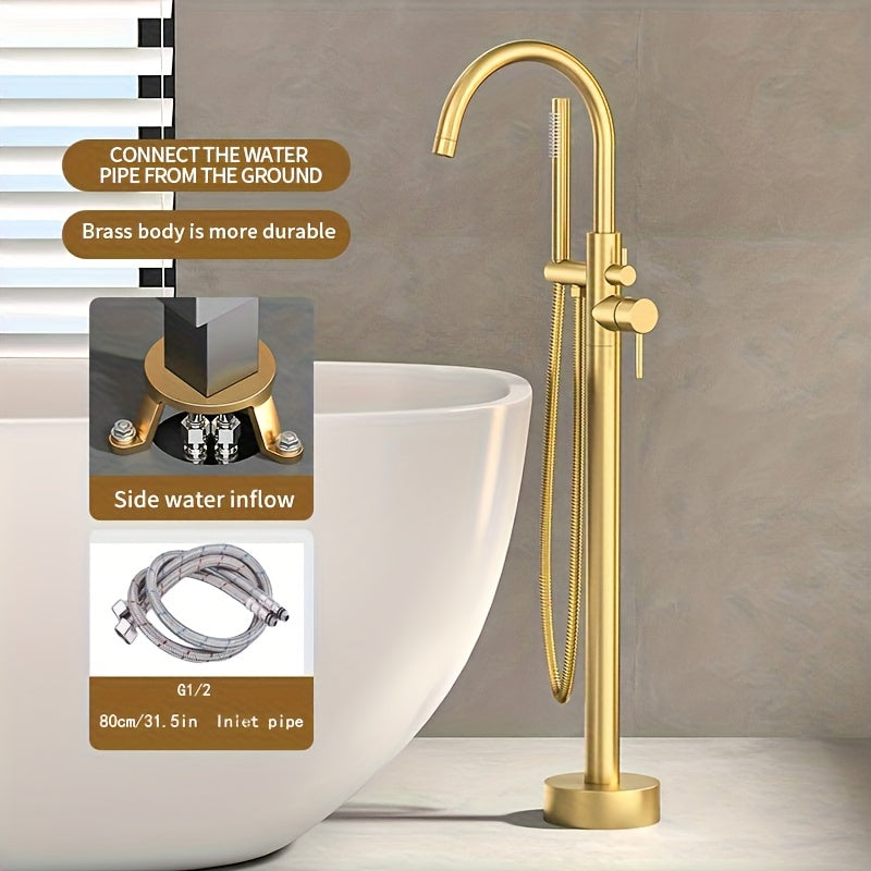 Brushed Brass Ceramic Valve Freestanding Tub Faucet