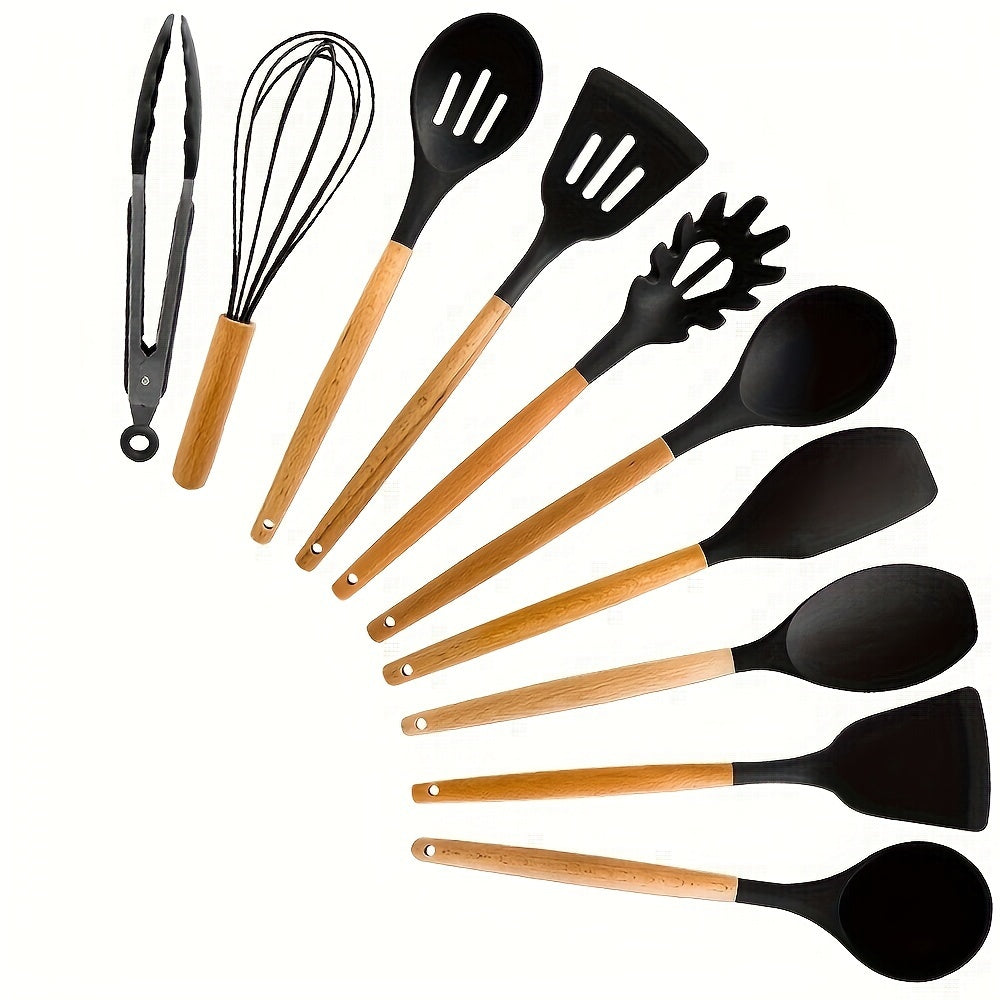 Heat-Resistant Silicone Utensil Set With Wooden Handles (10-Piece)