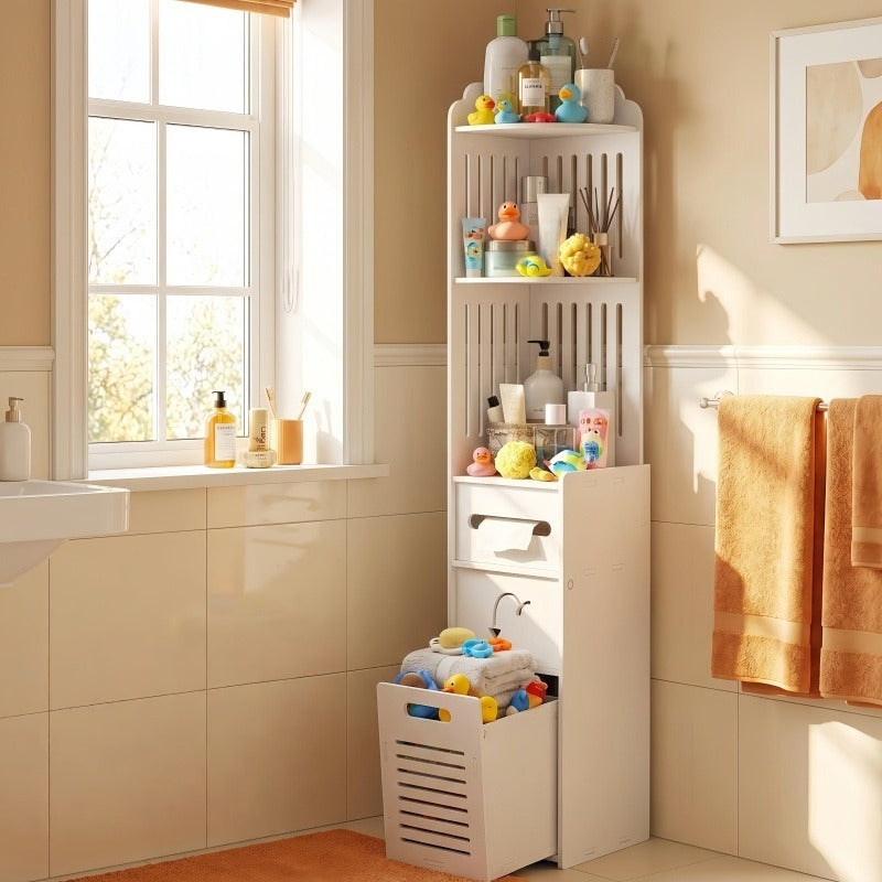 Space-Saving Multi-Tier Floor-Mounted Corner Bathroom Shelf (With Pull-Out Laundry Basket)
