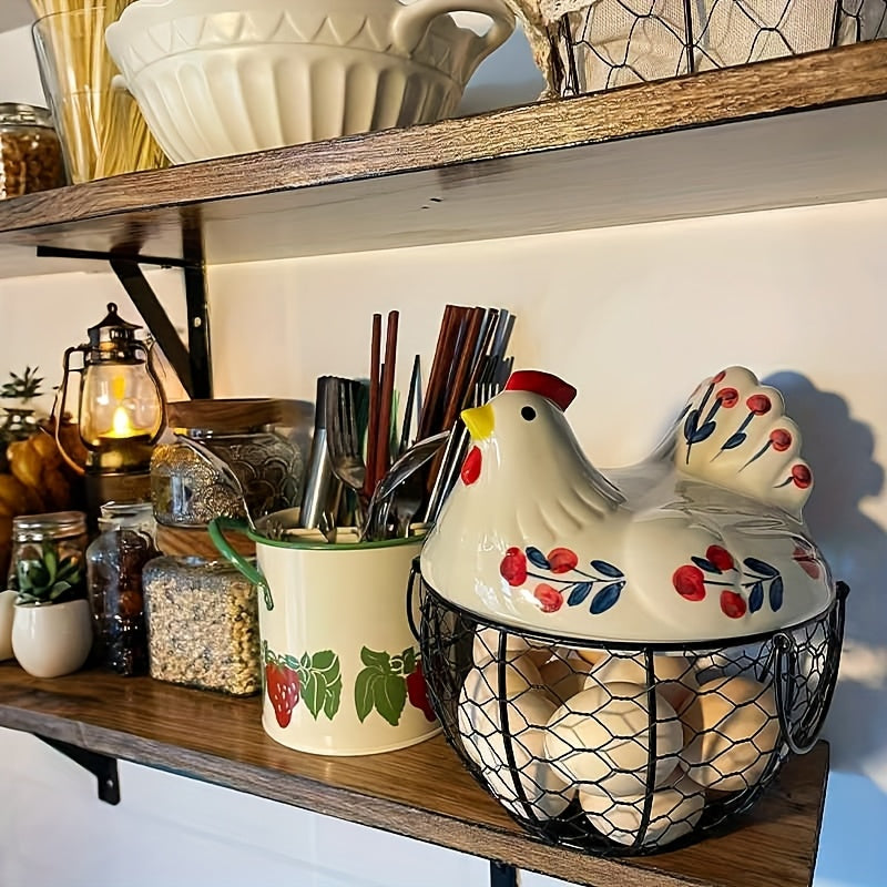 Dustproof Ceramic & Wire Egg Basket (Hen-Shaped)