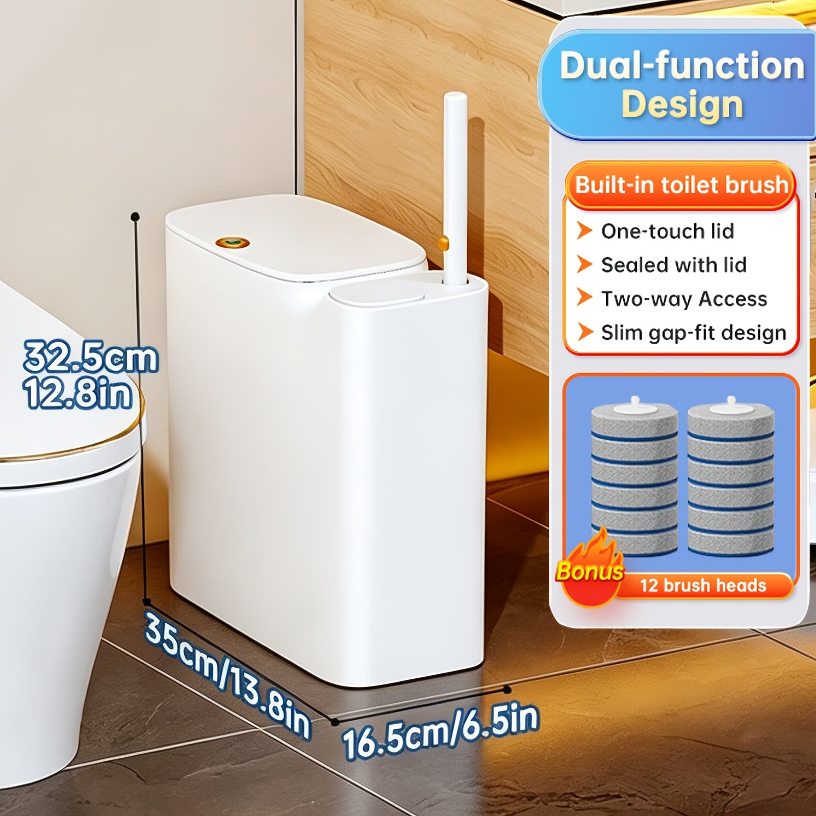 Space-Saving Pull-Out Trash Can & Toilet Brush Set (With Disposable Heads)