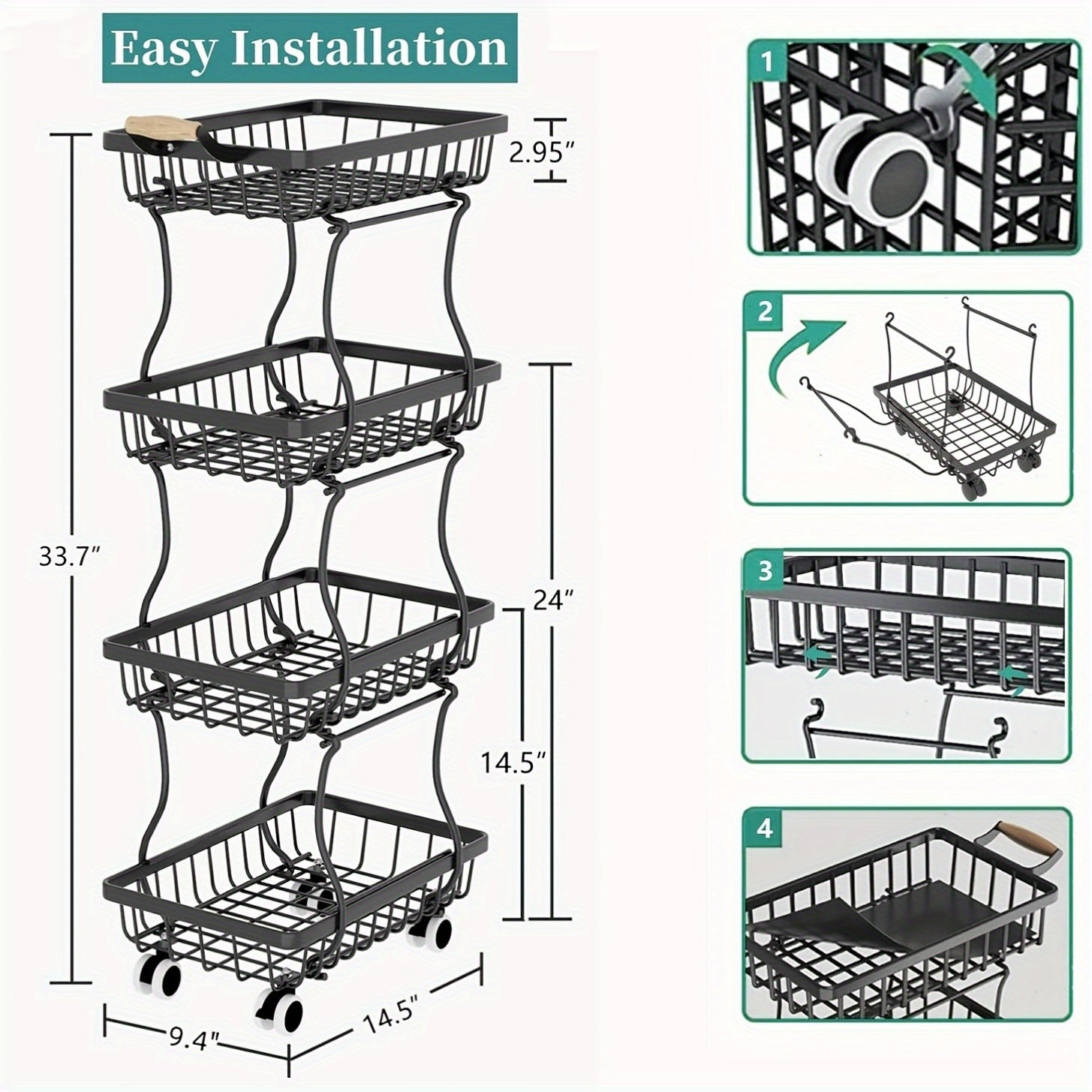 Stackable Metal Fruit & Veg Basket (4/5-Layer, Wheels)