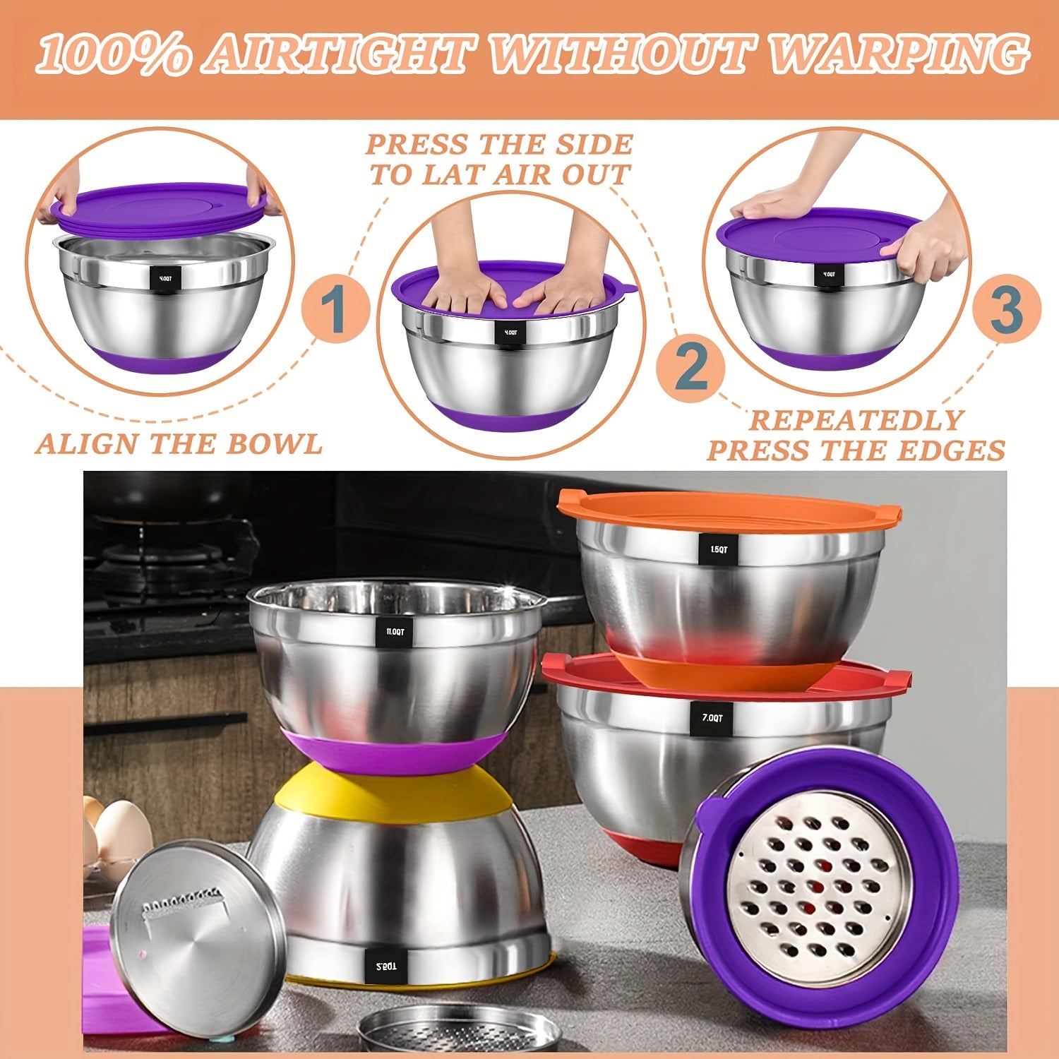 Stainless Steel Airtight & Non-Slip Mixing Bowl Set (26-Piece)