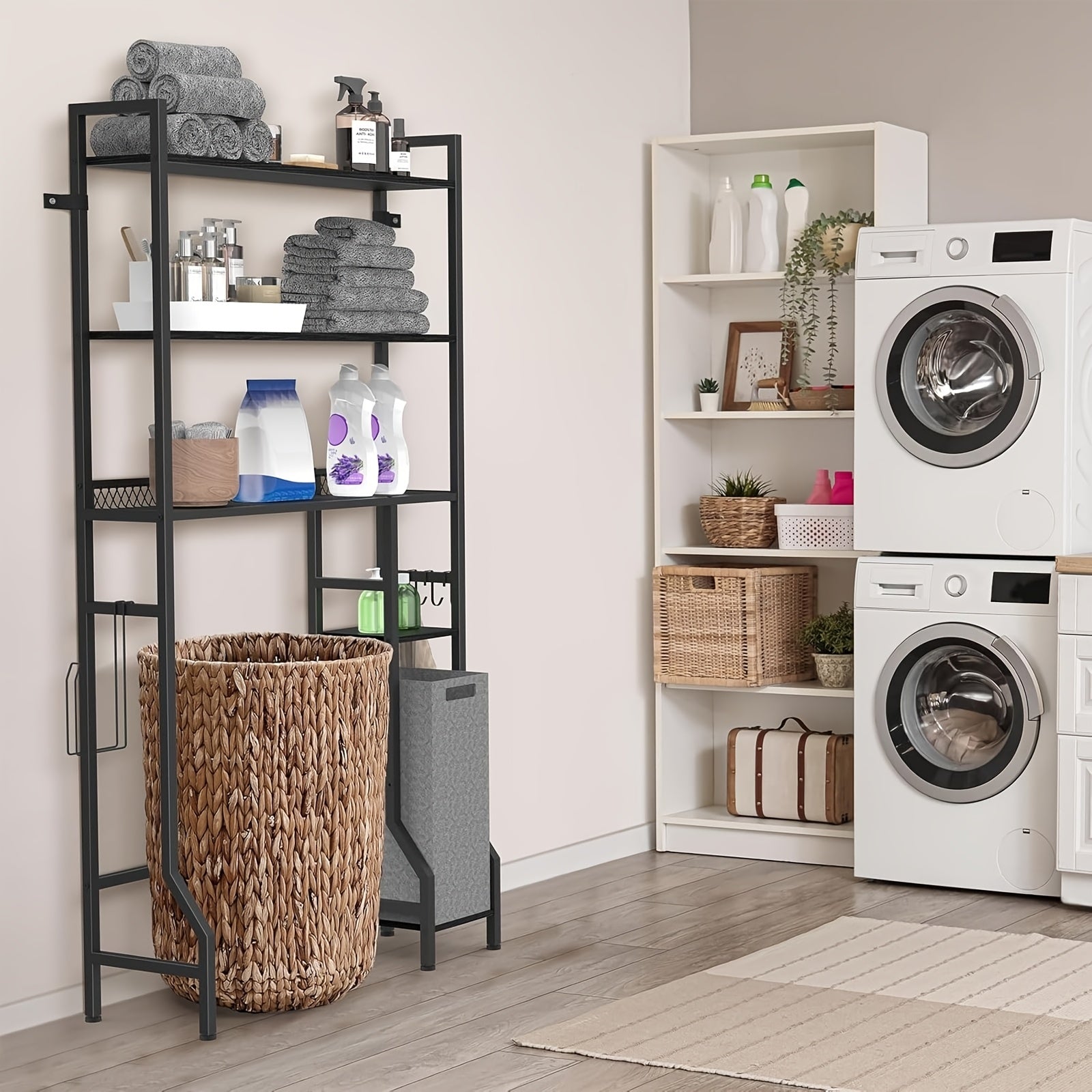 Space-Saving 3-Tier Wood Over-Toilet Shelf (Freestanding, Paper Holder & Hooks)