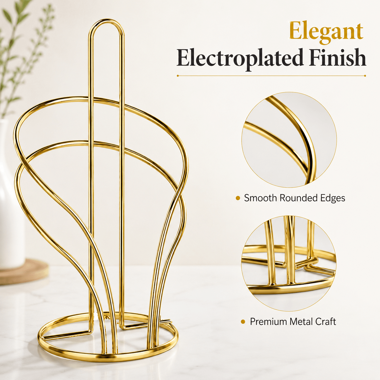 Stable Golden Metal Paper Towel & Cloth Holder (Countertop)