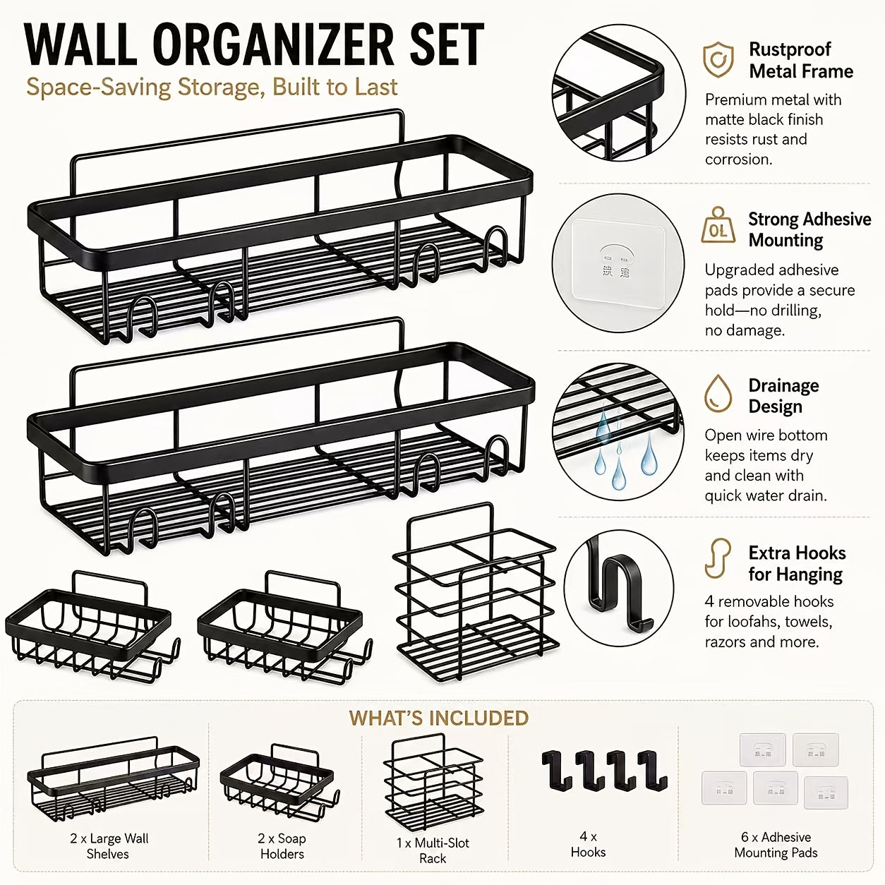 No-Drill Rustproof Stainless Steel Shower Caddy Set (5-Piece)