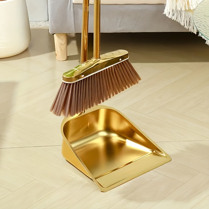 Gold-Finish Stainless Steel Standing Broom & Dustpan Set