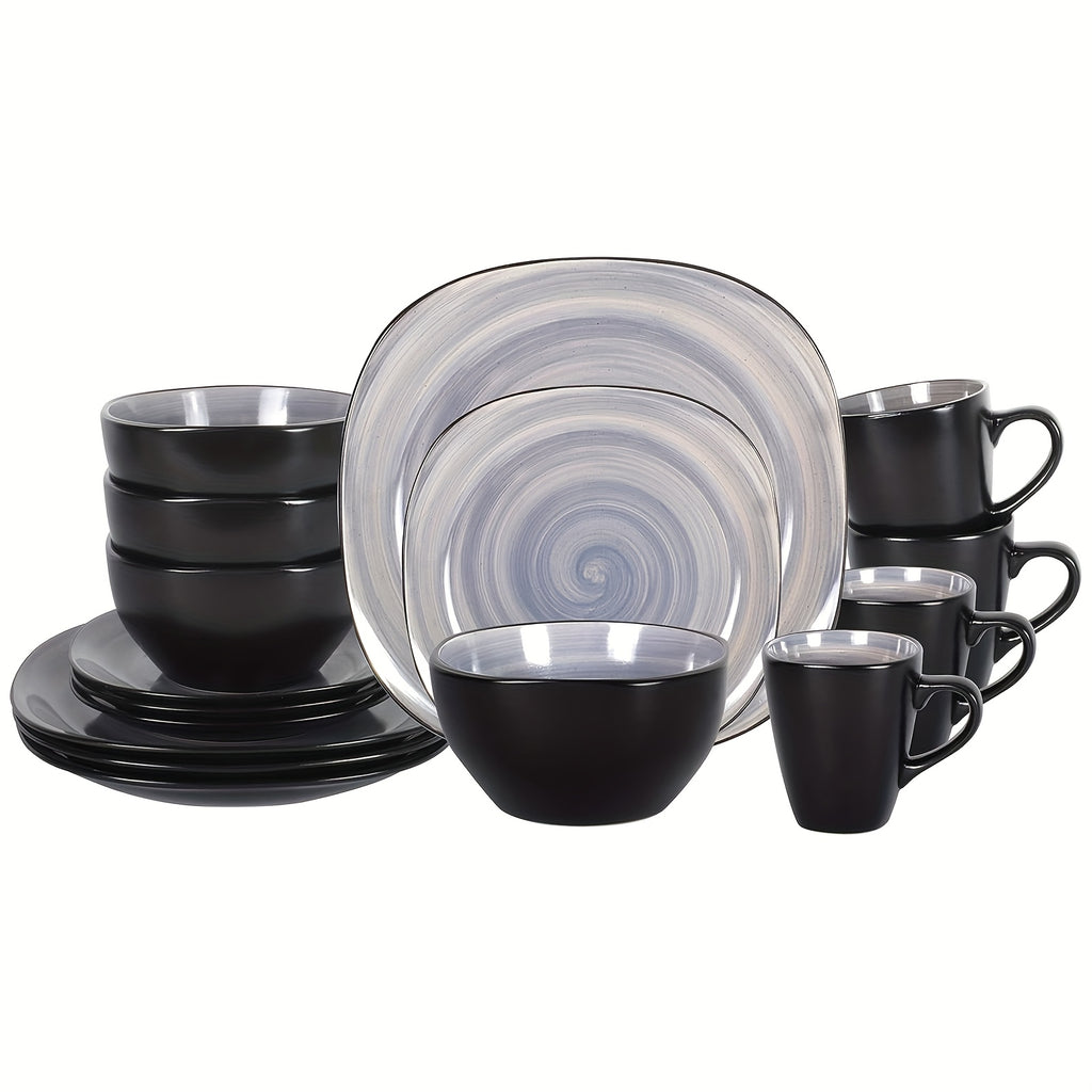 Hand-Brushed Square Stoneware Dinnerware Set (16-Piece)