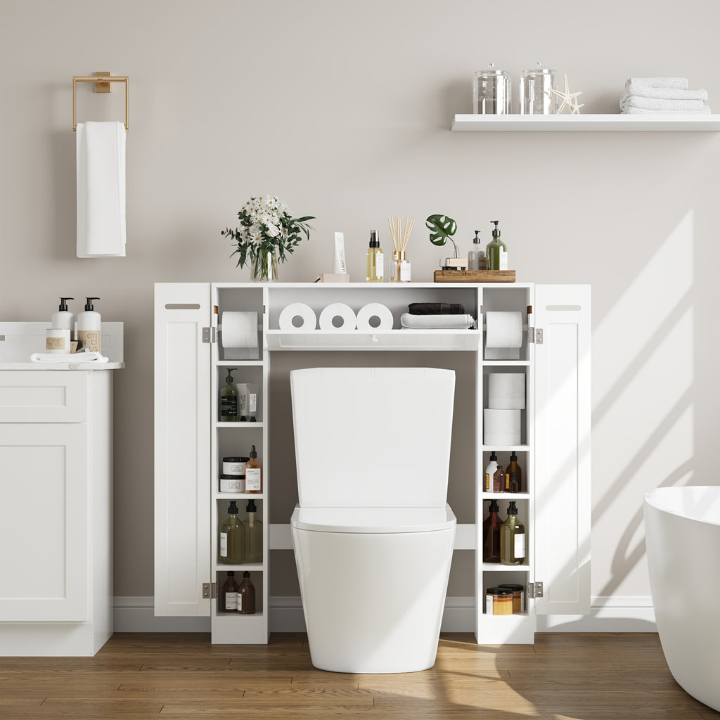 Space-Saving Adjustable Shelves & Toilet Paper Holder Over-Toilet Cabinet
